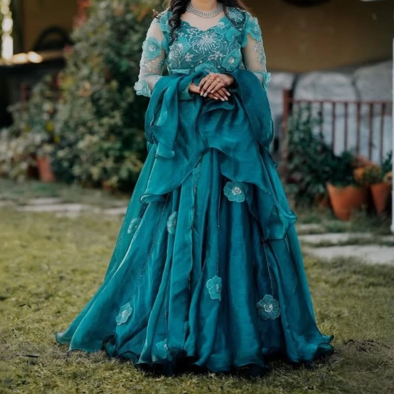 Emerald Teal Floral Embroidered Lehenga Set