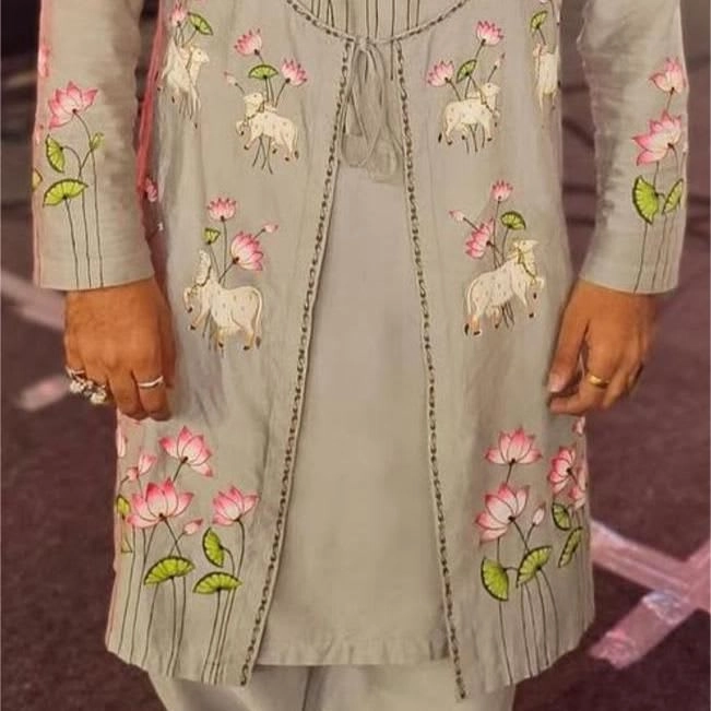 Hand-Painted Krishna Lotus Achkan Set — 2