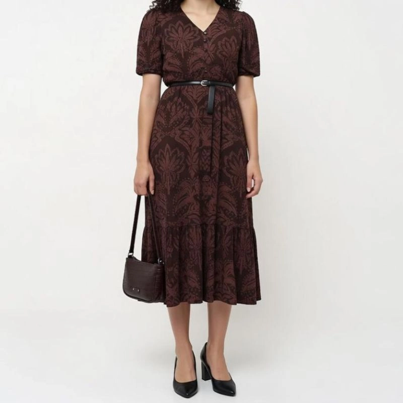 Elegant Wine Printed Midi Dress