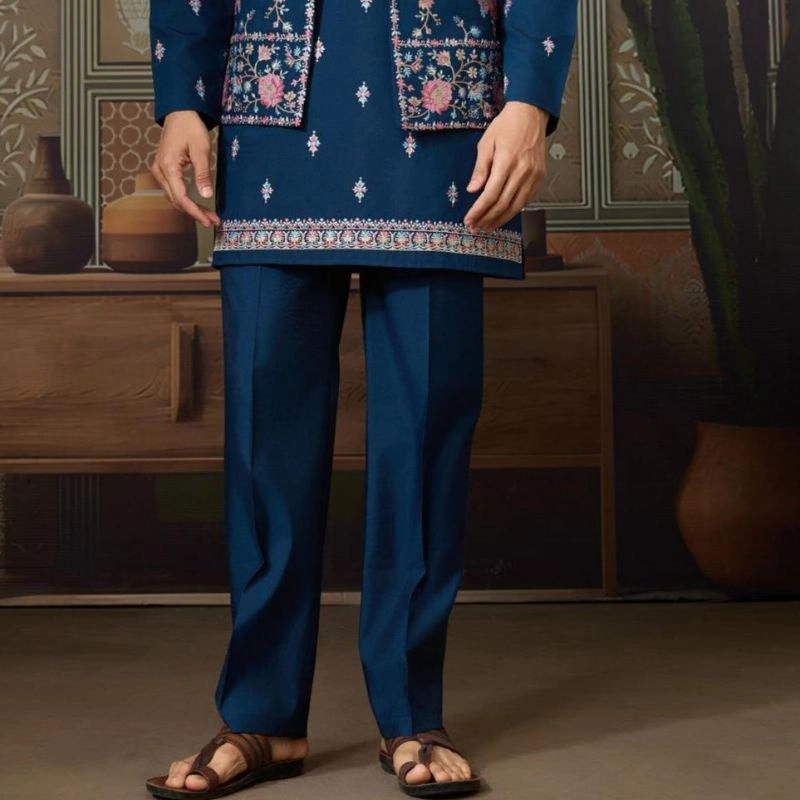Navy Floral Embroidered Waistcoat Kurta Set — 2
