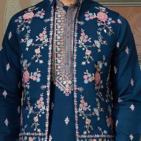 Navy Floral Embroidered Waistcoat Kurta Set — 3