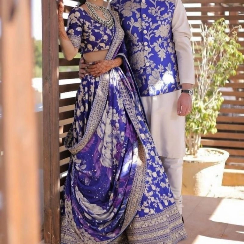 Royal Floral Wedding Lehenga and Printed Sherwani Couple Set