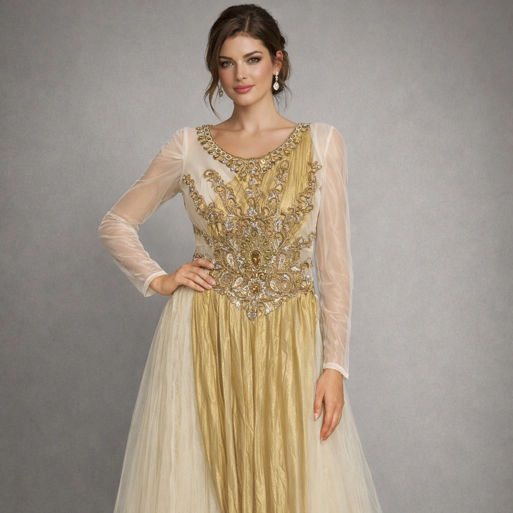 Partywear gown with long sleeve
