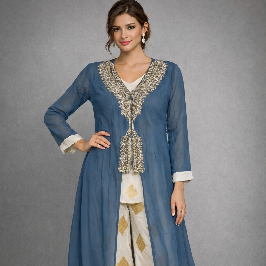 Blue Embroidered Kurta with White Palazzo Set