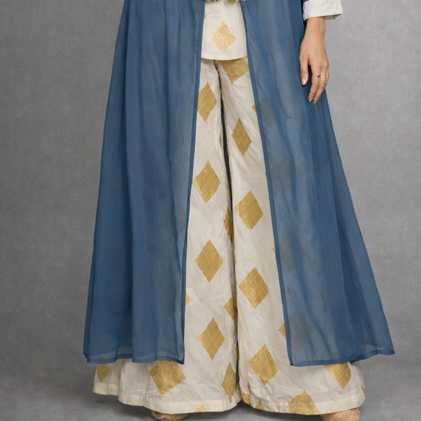 Blue Embroidered Kurta with White Palazzo Set — 2