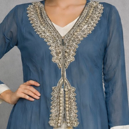 Blue Embroidered Kurta with White Palazzo Set — 3